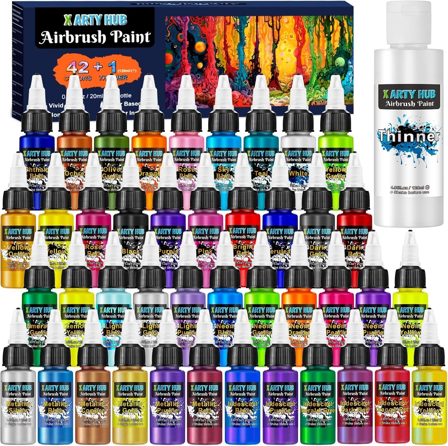 Airbrush Paint - 42 Colors with 4.05 Fl Oz Thinner, Iridescent, Neon Metallic
