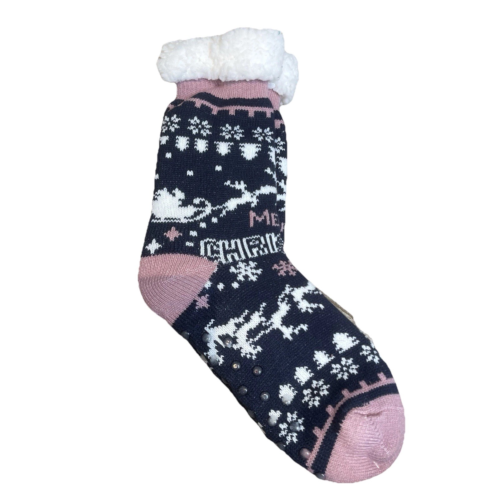 New With Tag Ladies Christmas Socks Navy Pink Reindeer Grippy Non slip One Size