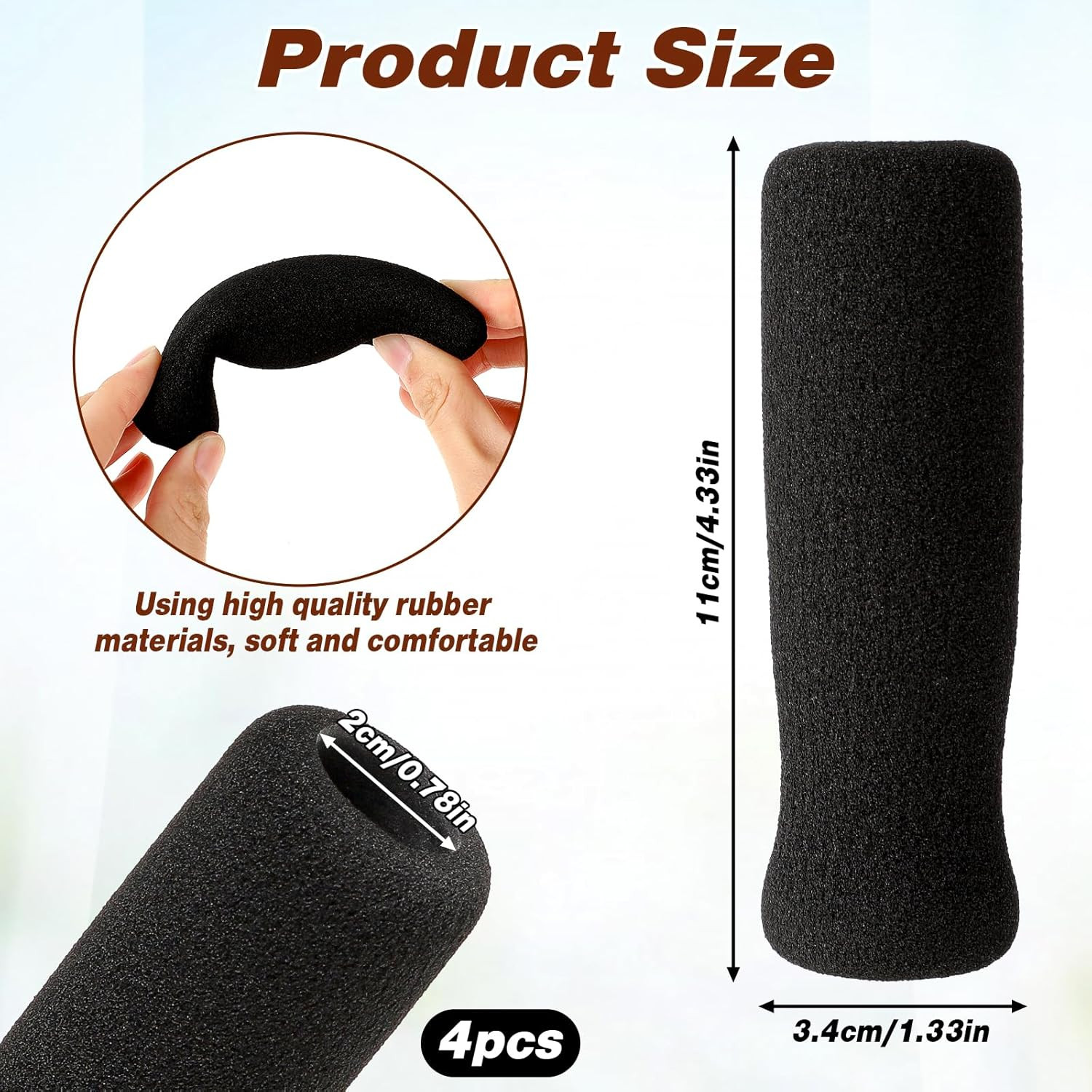 4 Pack Cane Grips - Black Foam Offset Handle Replacement for Seniors