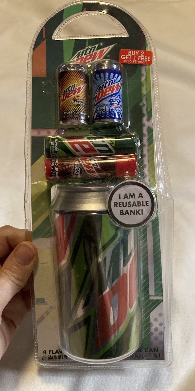 Mountain Dew Can Bank Collectible Soda 4 Mtn Dew Lip Balms Advertising New