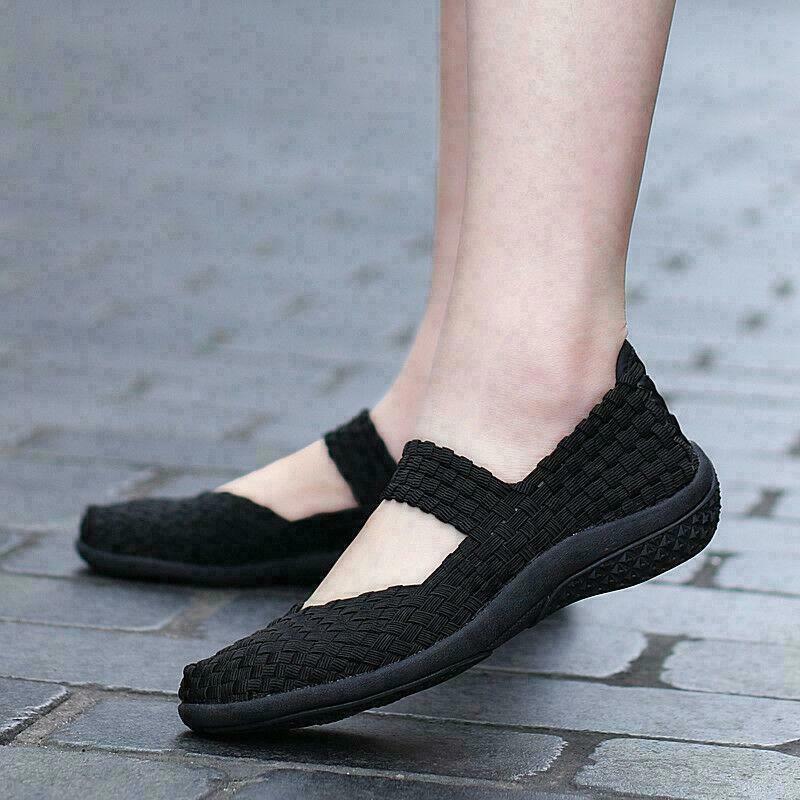 Women Slip On Walking Shoes Woven Elastic Mary Jane Flat Lightweight Fashion