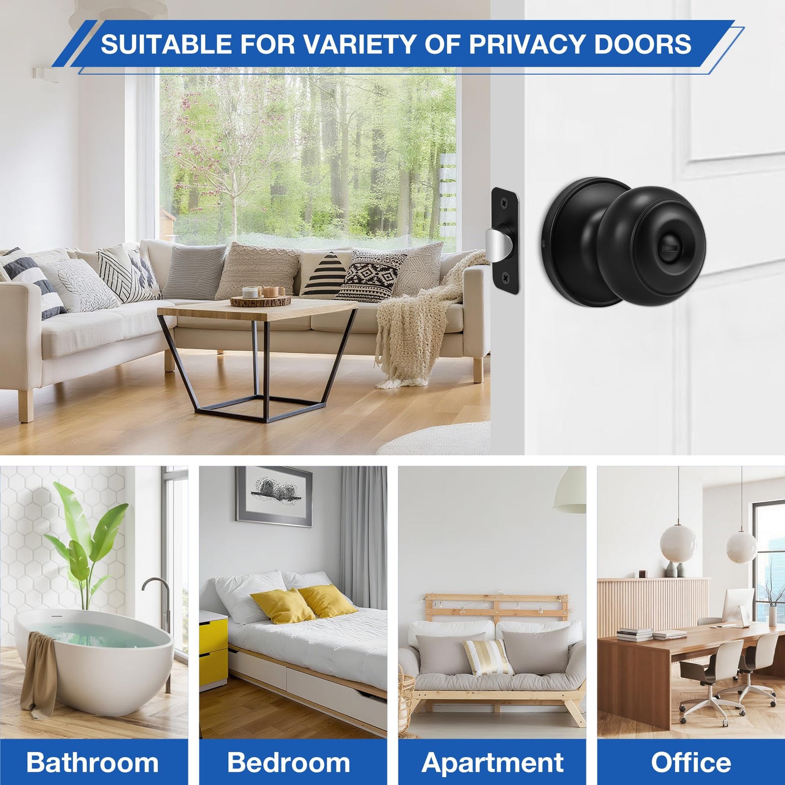 10 Pack Matte Black Door knobs, Keyless Interior Door Locks, Round Ball Keyle...