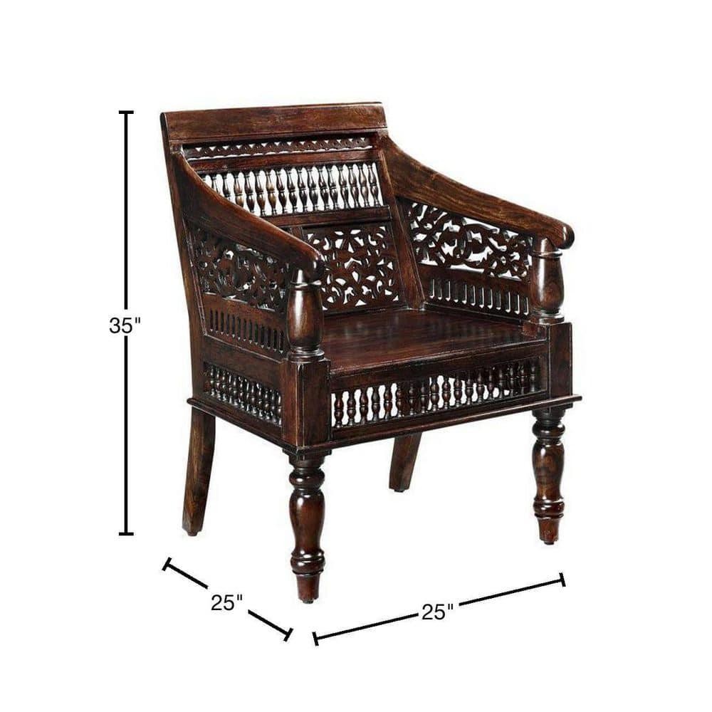Maharaja Walnut Brown Wood Hand-Carved Arm Chair