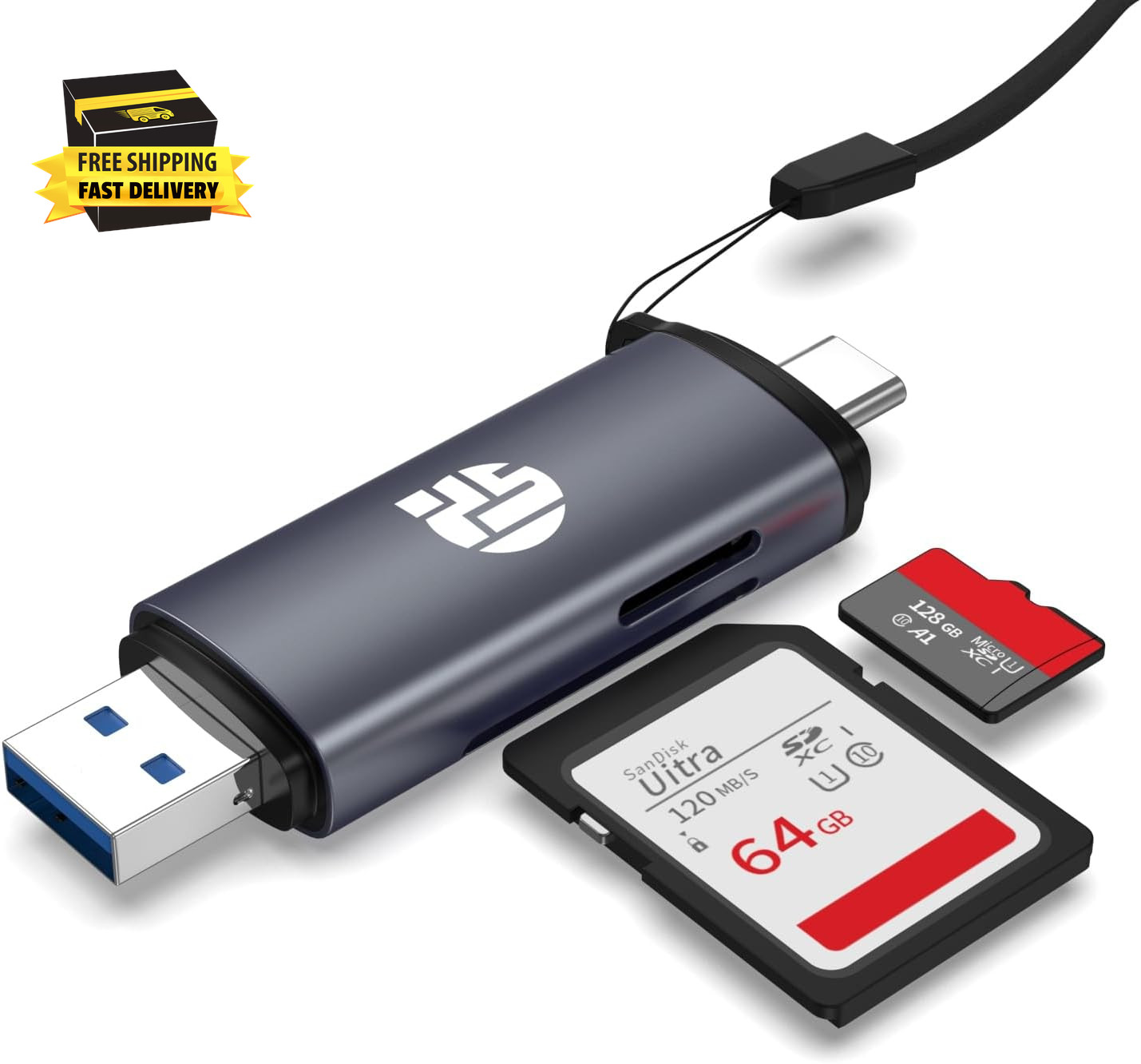 2-In-1 Memory Card Reader, USB 3.0 SD Card Adapter with Dual Slots, 2 Cards Simu