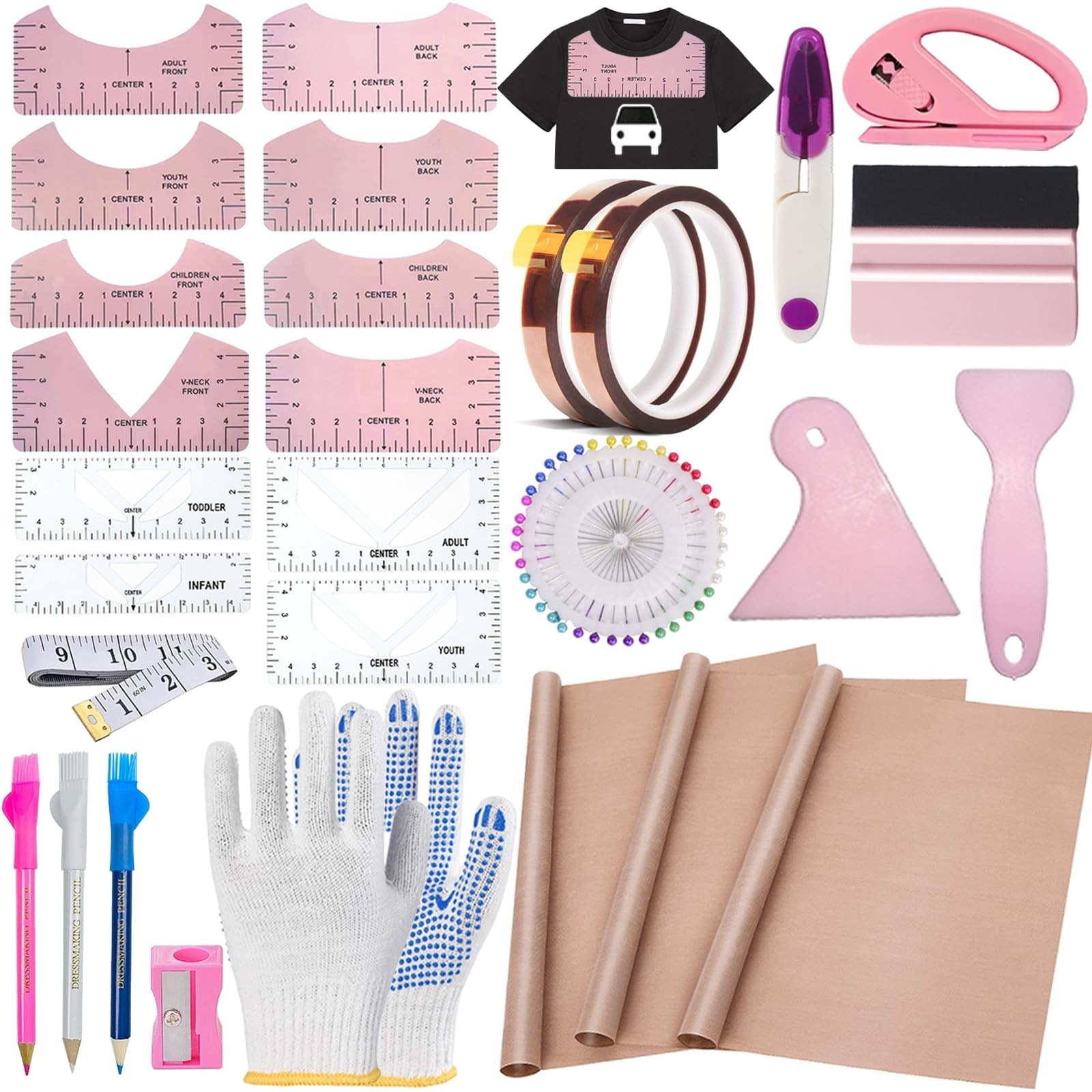 Sublimation Shirt Tool Kit 66 Pcs - Ruler Set, Teflon Sheets, Heat Press Tape