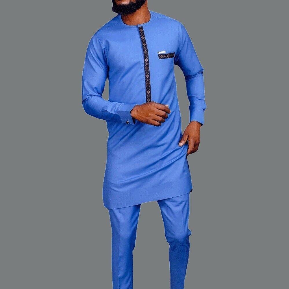 African Muslim Men Dashiki Suit Shirt Pants Set Traditional Clothes & Embroidery