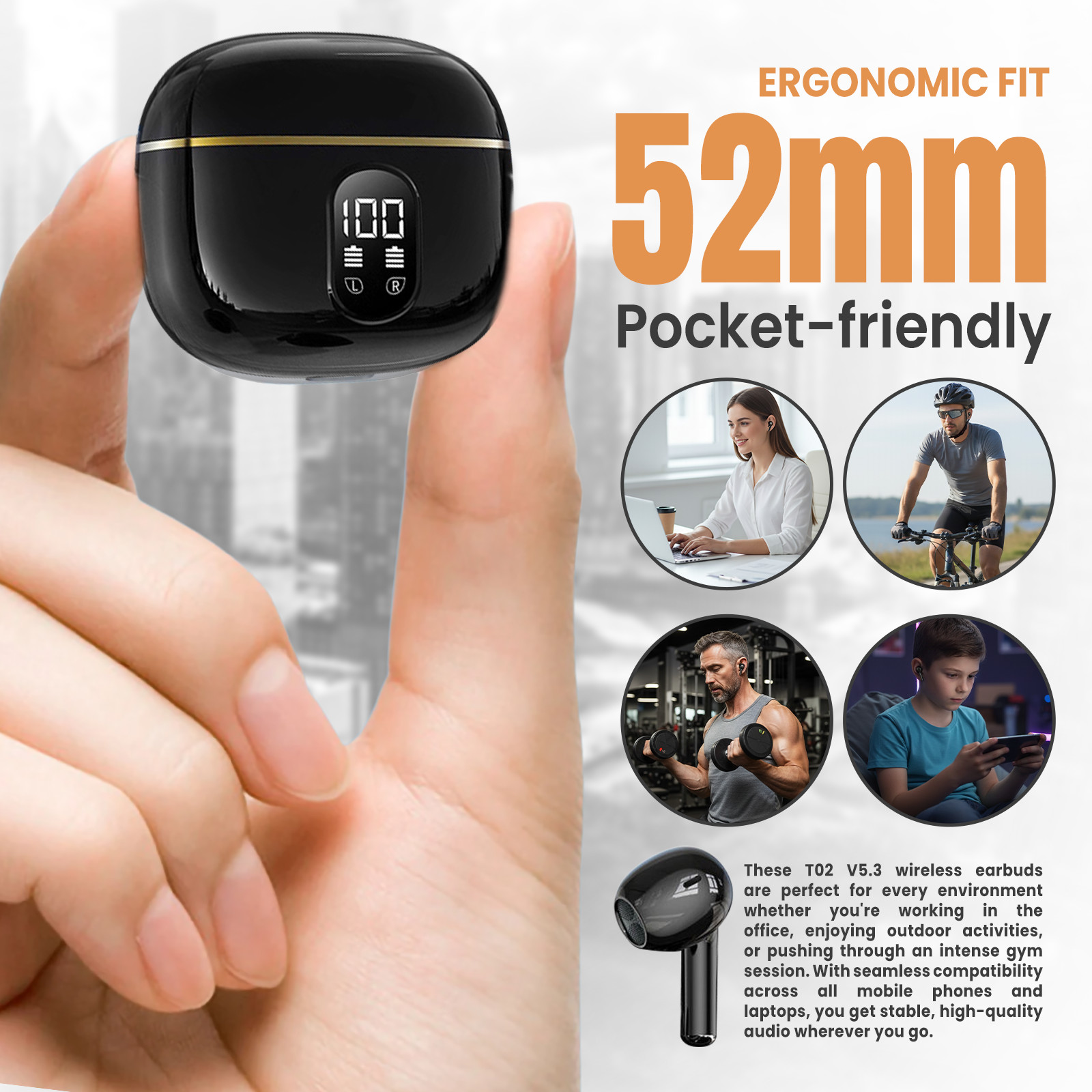 Bluetooth 5.3 Wireless Earbuds LED Display HiFi Sound IPX5 Waterproof Type-C