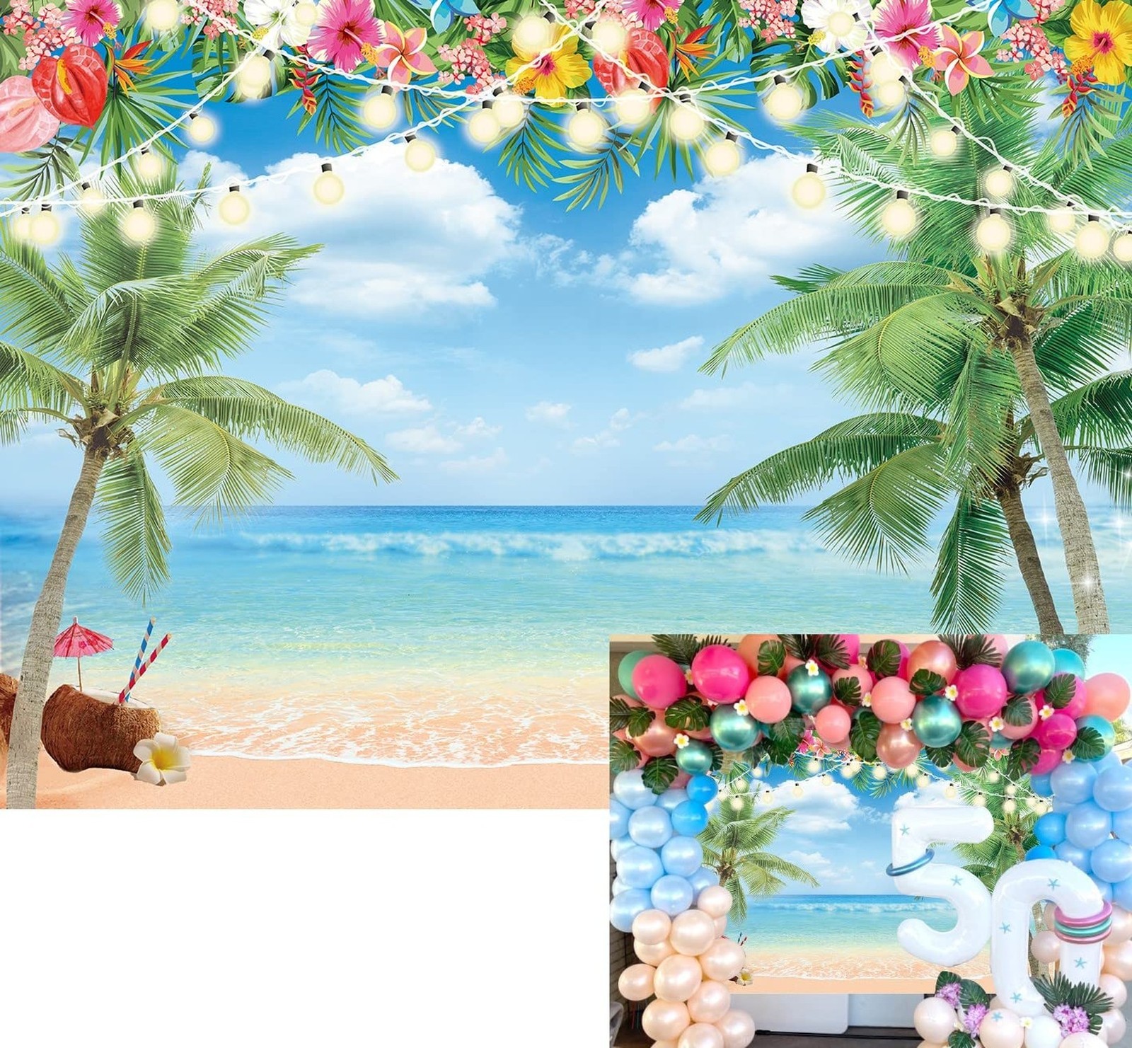 Hawaiian Beach Backdrop Summer Tropical Flower Palm Ocean Beach Photography B...