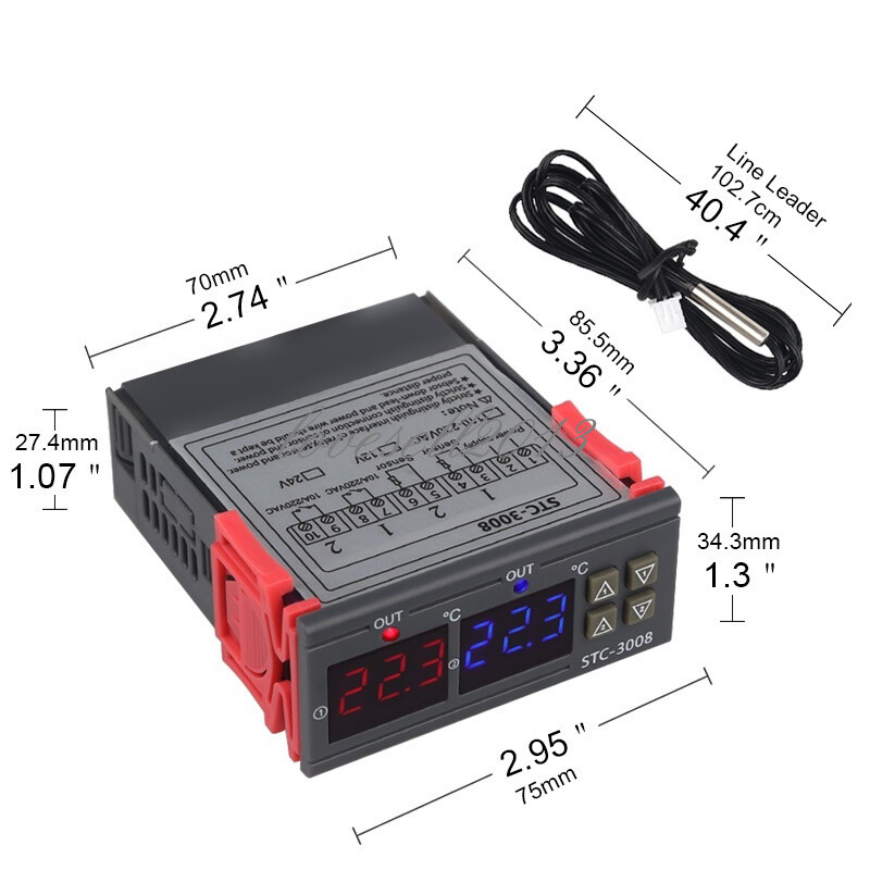 STC-3008 DC 12V Digital LED Display Dual Temperature Thermostat Controller Probe