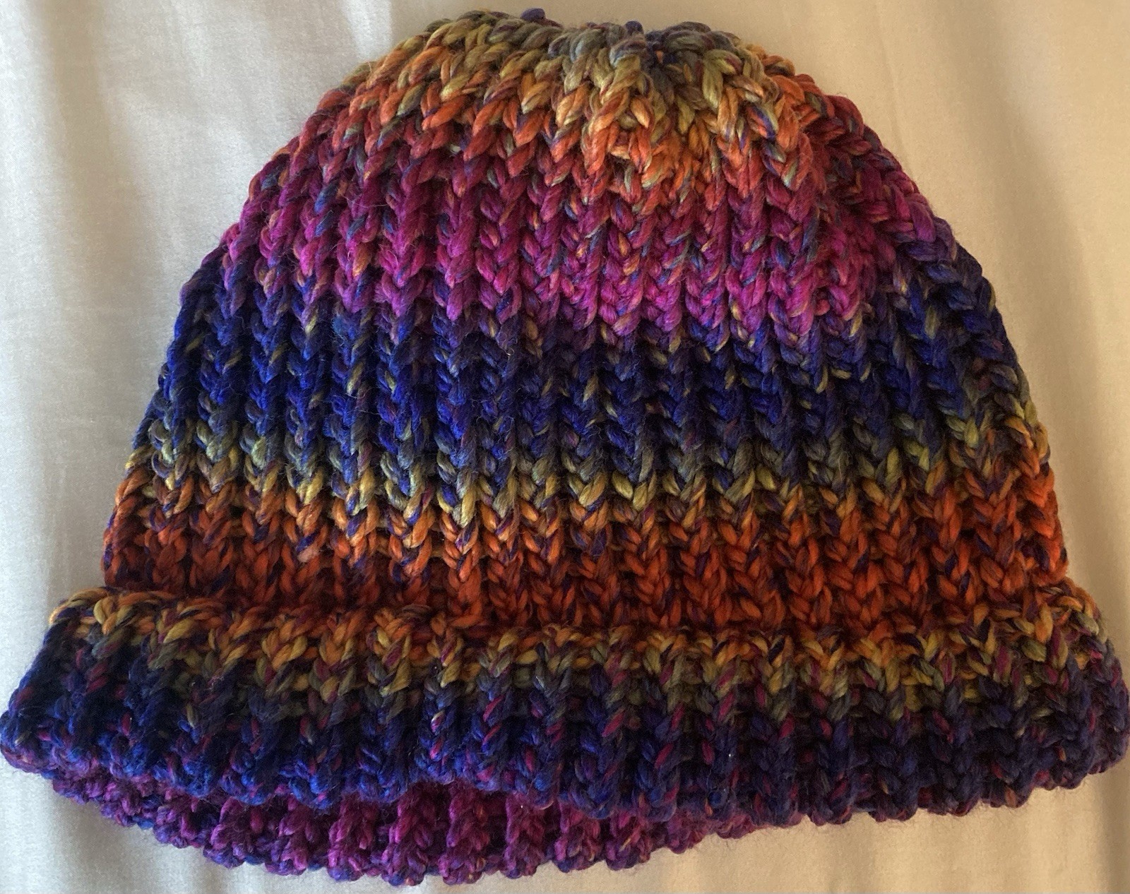 Handmade multicolor knit beanie hat for adults, 8-inch width