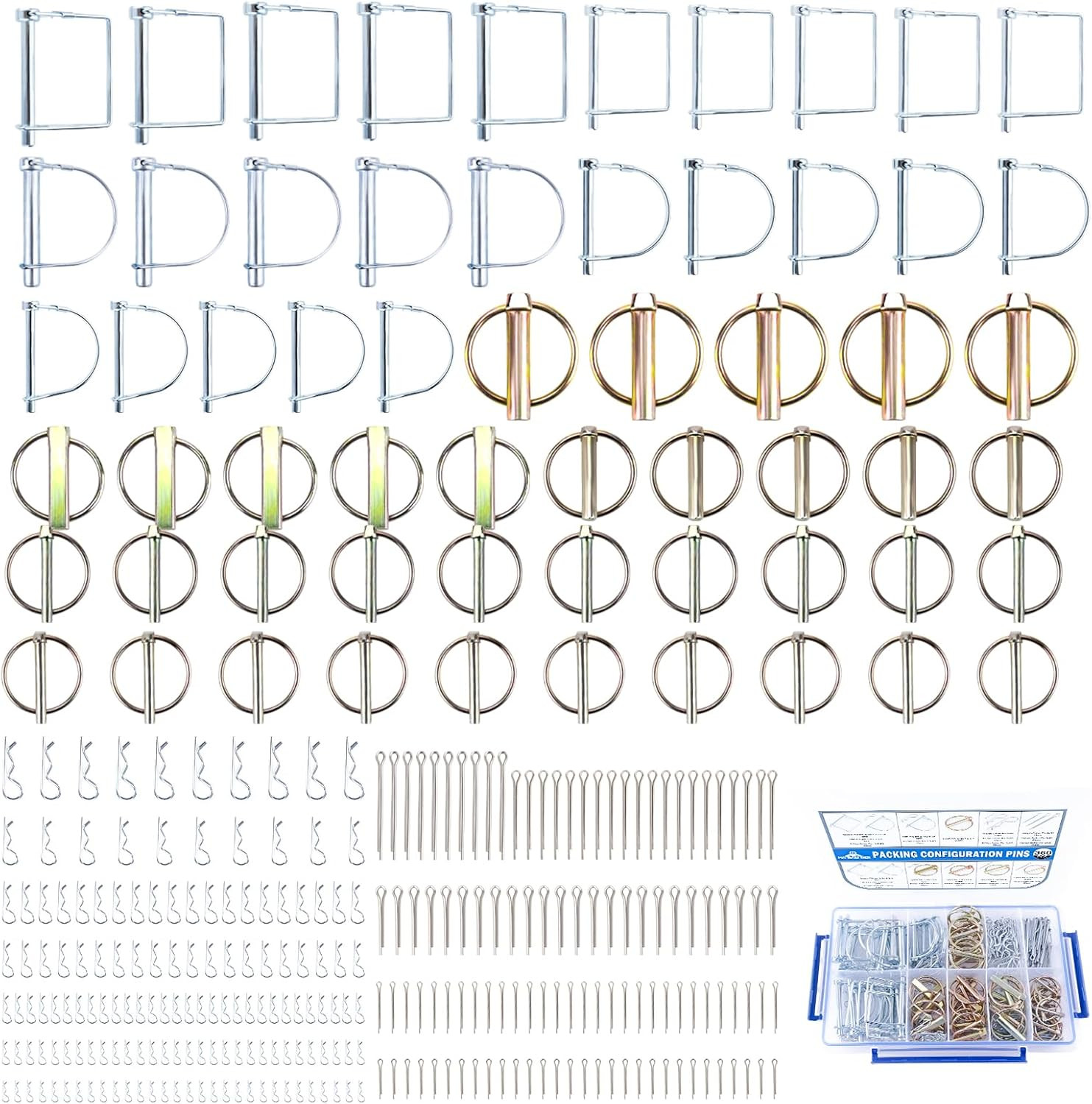 360Pcs Heavy Duty Pin Assortment Kit - Hitch Pins R Clip Pins - Hair Pins- Lynch
