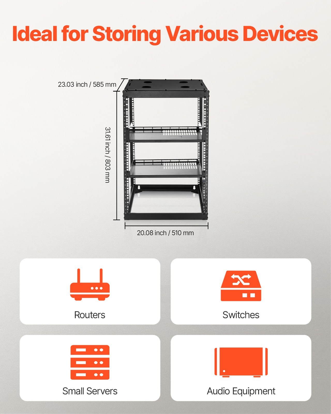 VEVOR 16U Open Frame Network Rack Wall Mounted Server Rack 4 Post with Shelves