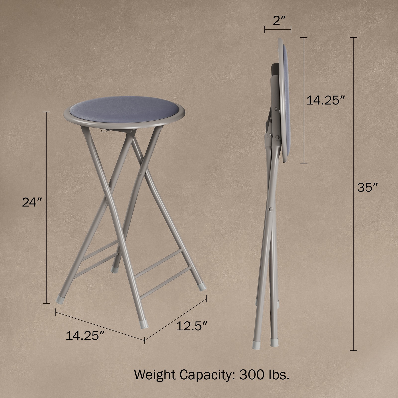Gray 24 Inch Cushioned Folding Stool Extra Seating 300 Lb Capacity