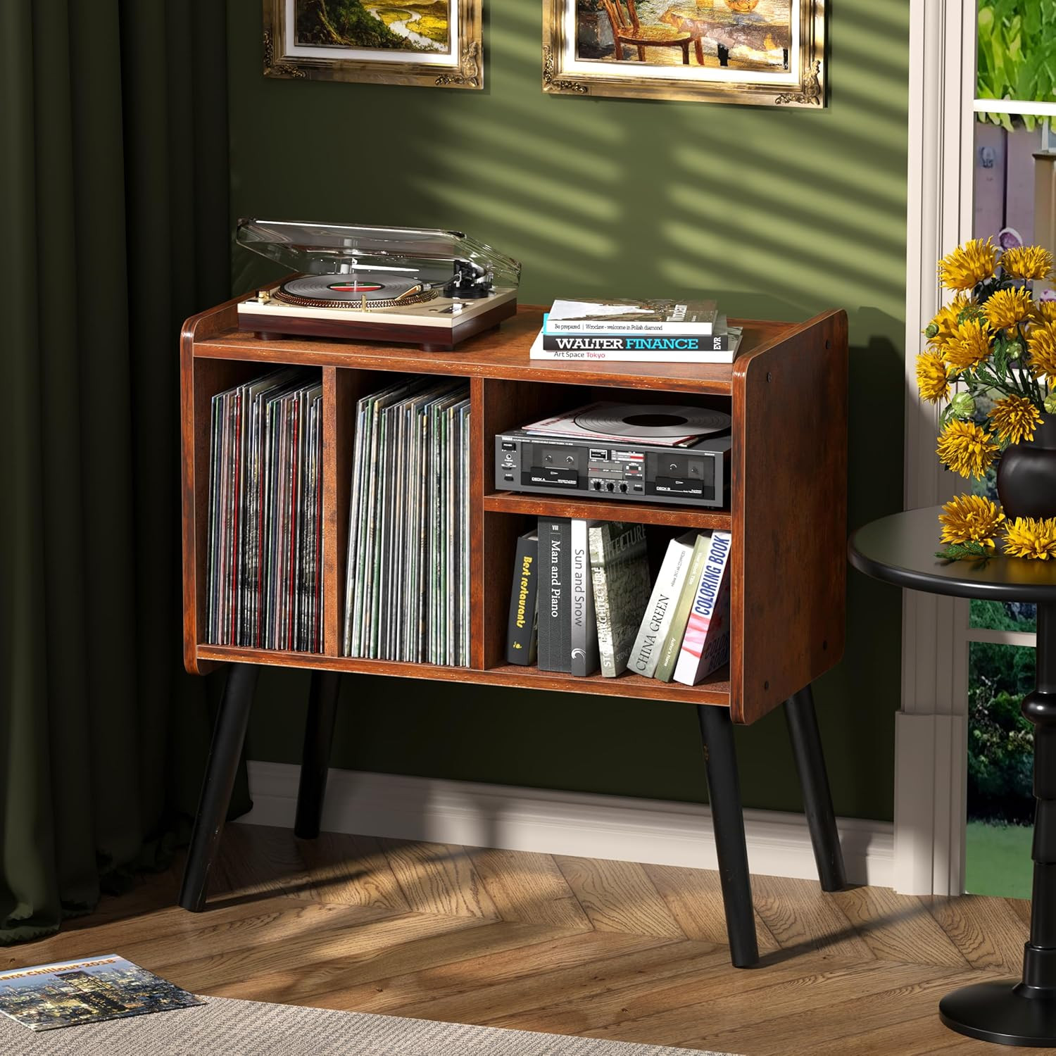 Record Player Table, Mid-Century Record Player Stand with Vinyl Storage Hold up