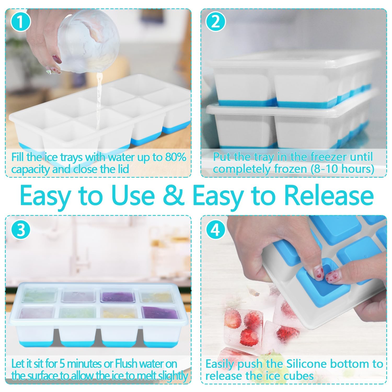 Large Ice Cube Trays 2 Pack, Silicone Easy-Release and Flexible Ice Cube Molds