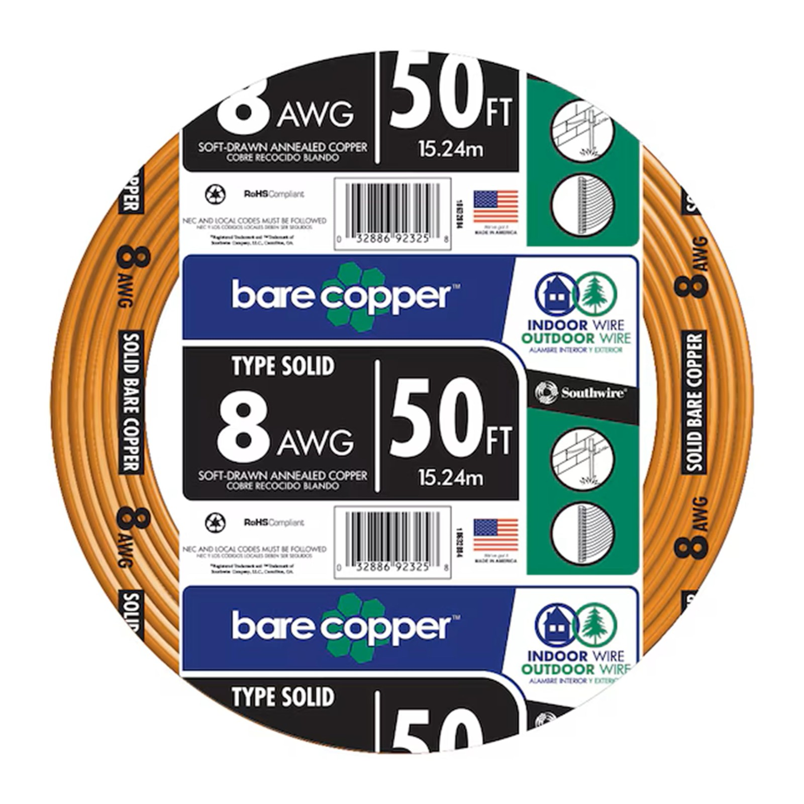 Southwire 8-Gauge Bare Copper Wire – Solid Soft‑Drawn 50 ft,