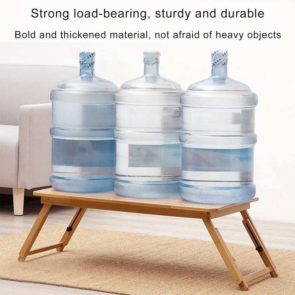 Foldable Bamboo Bed Table, Tilting Laptop Desk W/ Side Shelf, Adjustable Height