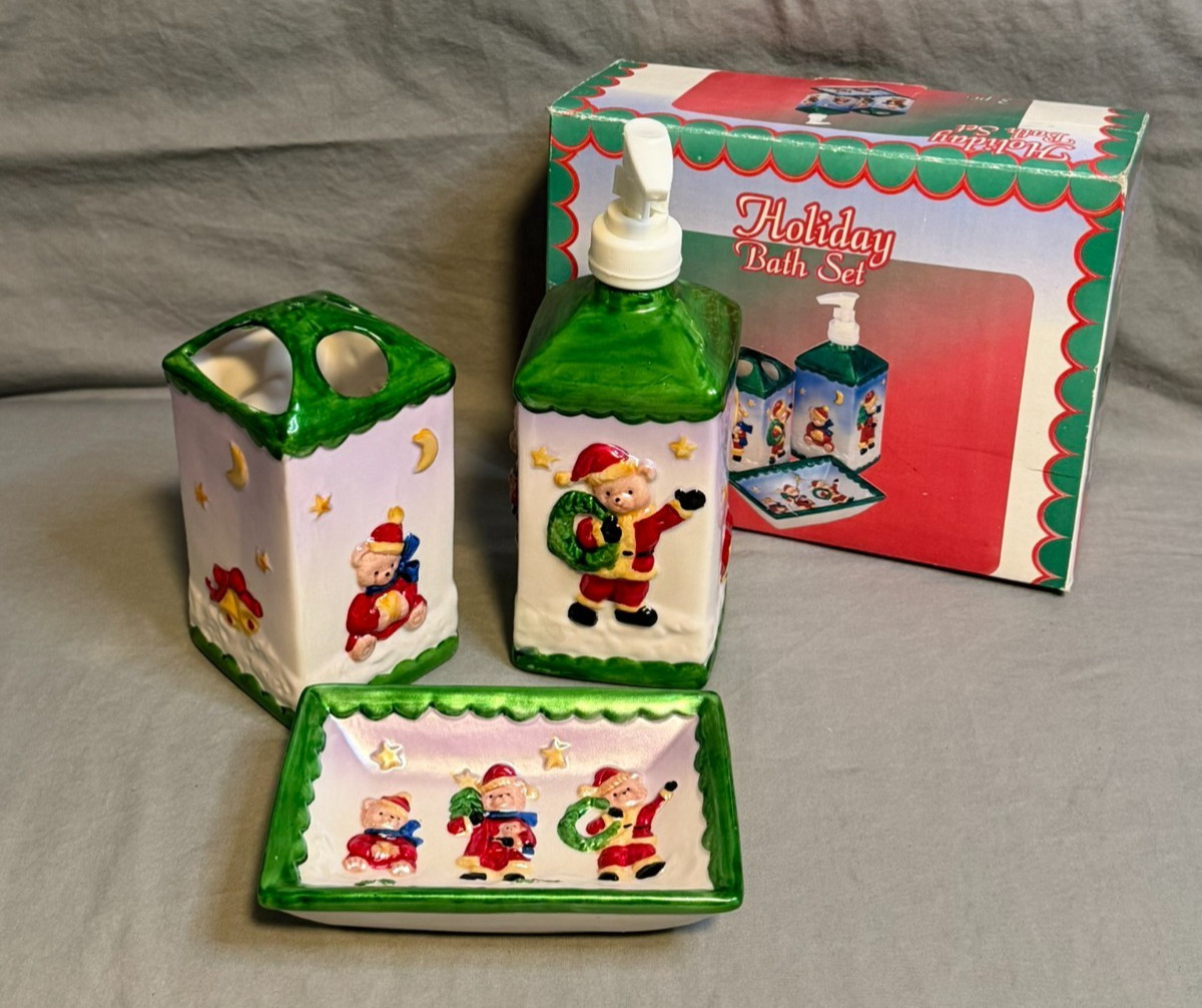 Vintage Christmas Ceramic Holiday Bath Set Santa Soap Dispenser Tray