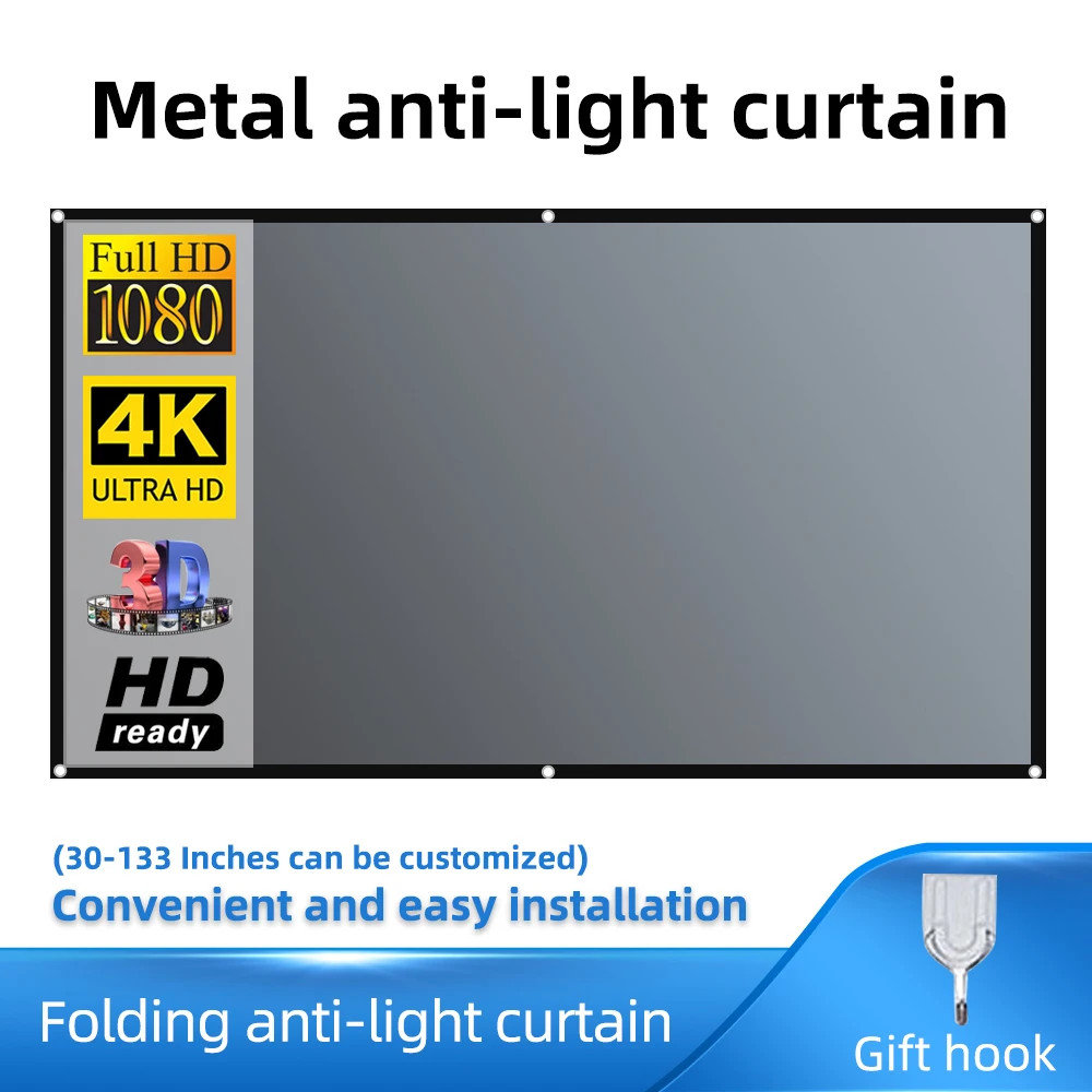 Pantalla proyector 16:9 tela reflectante anti luz cortina metal