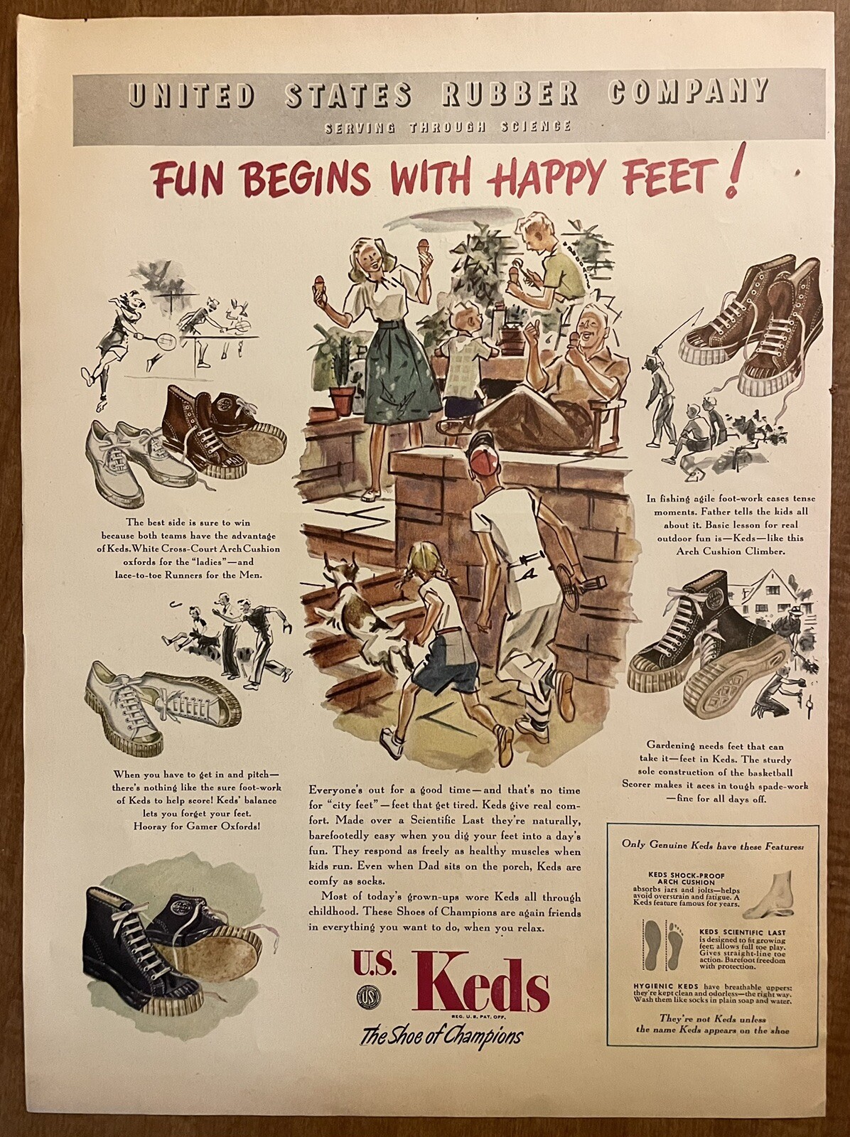1947 US Keds Sneakers Shoes Family On Porch Tennis Fishing Horseshoes Vintage Ad