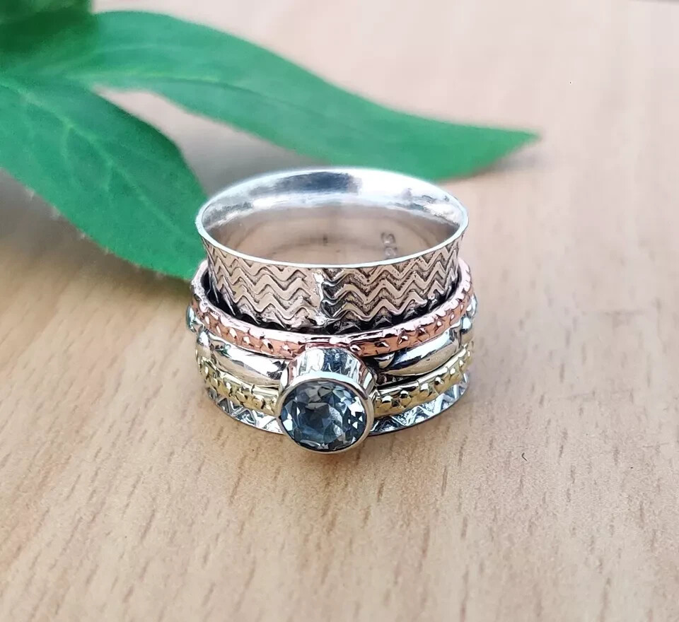 Blue Topaz Gemstone Spinner Ring 925 Sterling Silver Handmade Lovely Ring MK*
