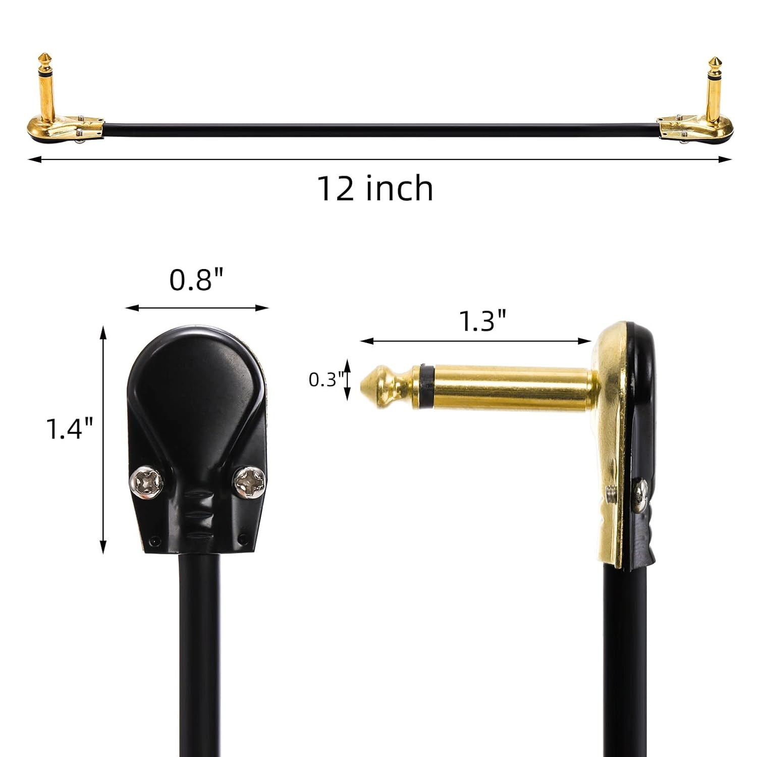 Guitar Patch Cable 4-Pack, 12" Flat Low Profile with Right Angle Connectors