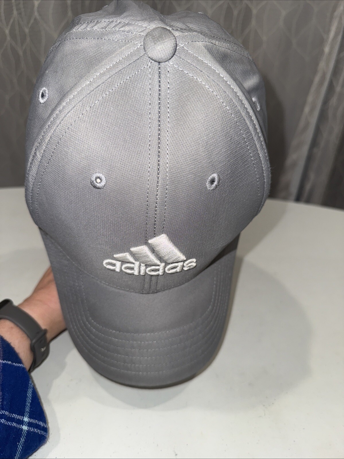 Adidas w Logo in White on Gray Polyester Light Weight Gray Hat Cap Hook Loop EUC