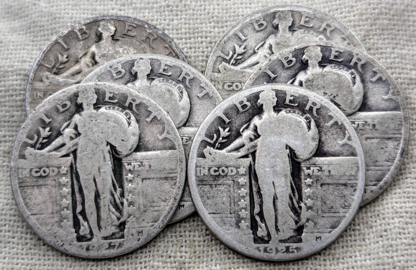Lot of 6 Standing Liberty Quarters : 1925-1930, Type 3 - Over 1 Ounce Silver