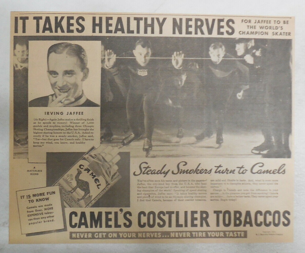 Camel Cigarette Ad: Olympic Skating Champ Irving Jaffee 1933 Size:10 x 12 inches