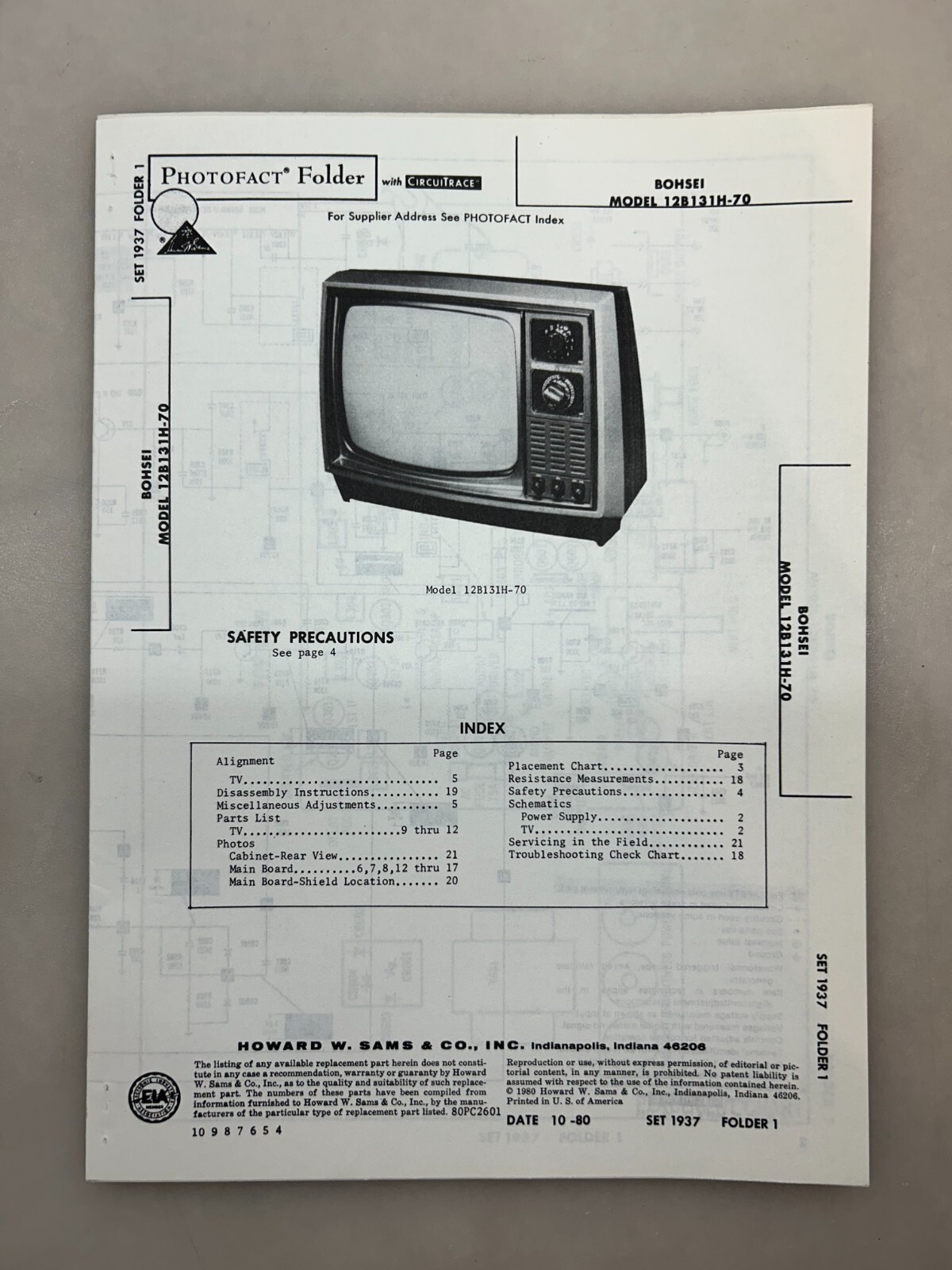 Bohsei 12B131H-70 Service Manual Sams Photofact Free Shipping