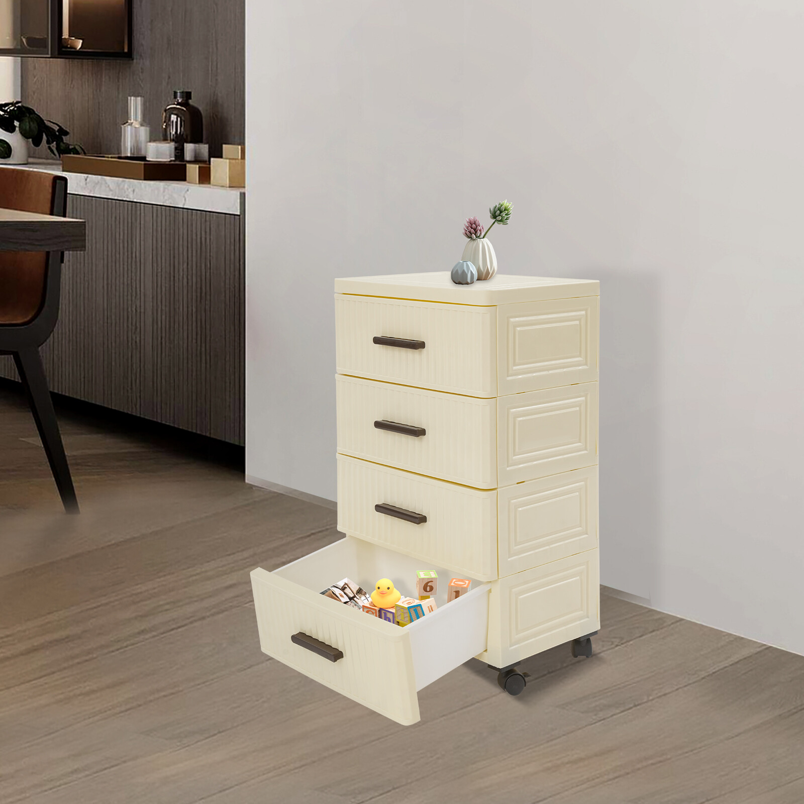 Modern 4 Tier Drawer Storage Organizer Storage Cabinet with 4 Universal Wheels