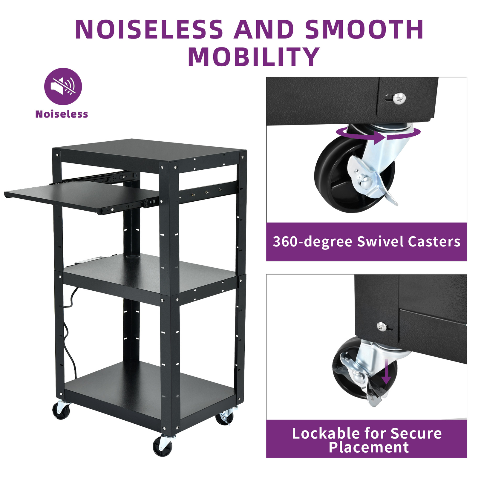 16.4ft  AV Cart Cord Metal Media Cart W/ Keyboard Tray Lockable for Presentation