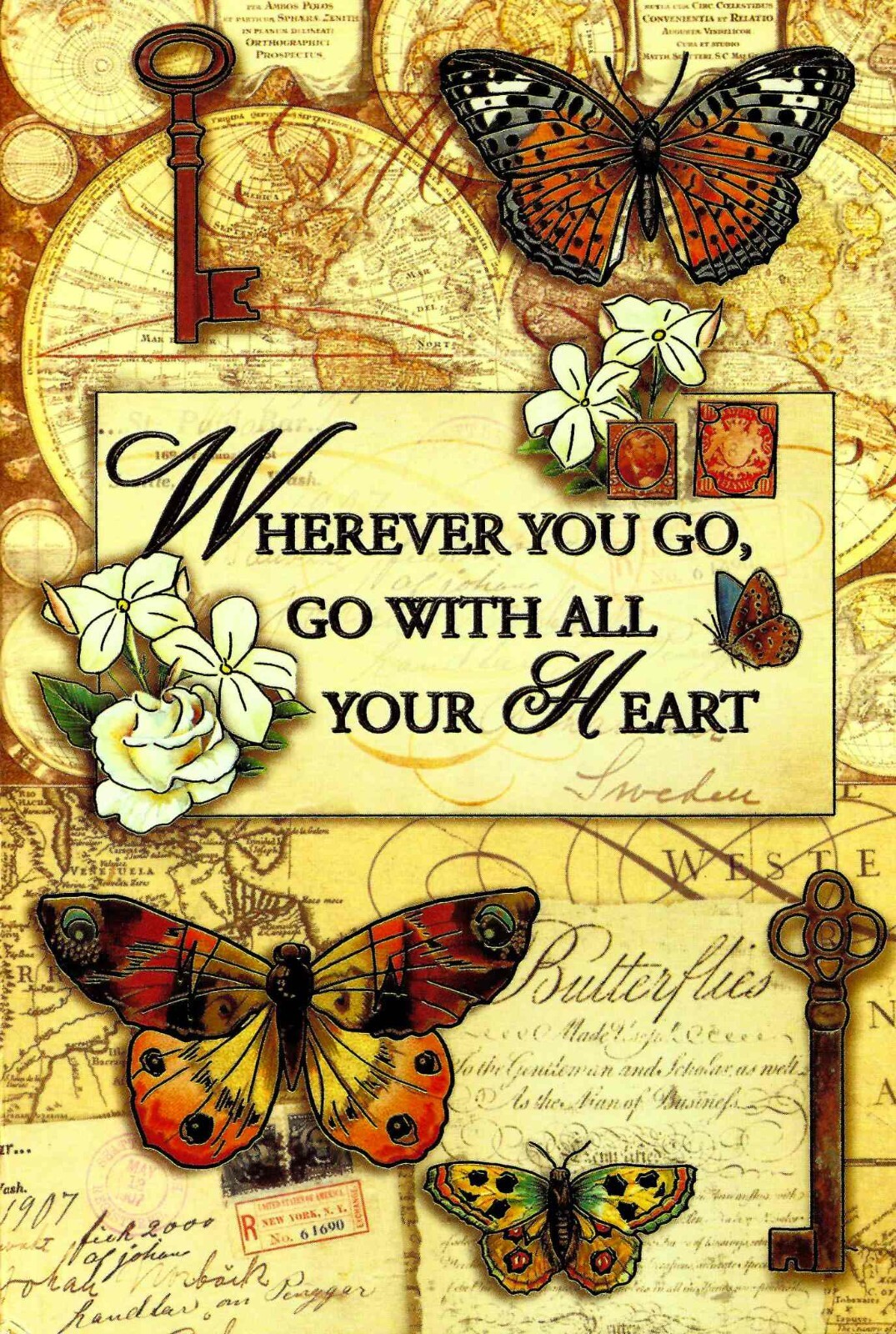BUTTERFLIES, SKELETON KEYS AND OLD STAMPS DESIGN NOTE CARD WITH ENVELOPE