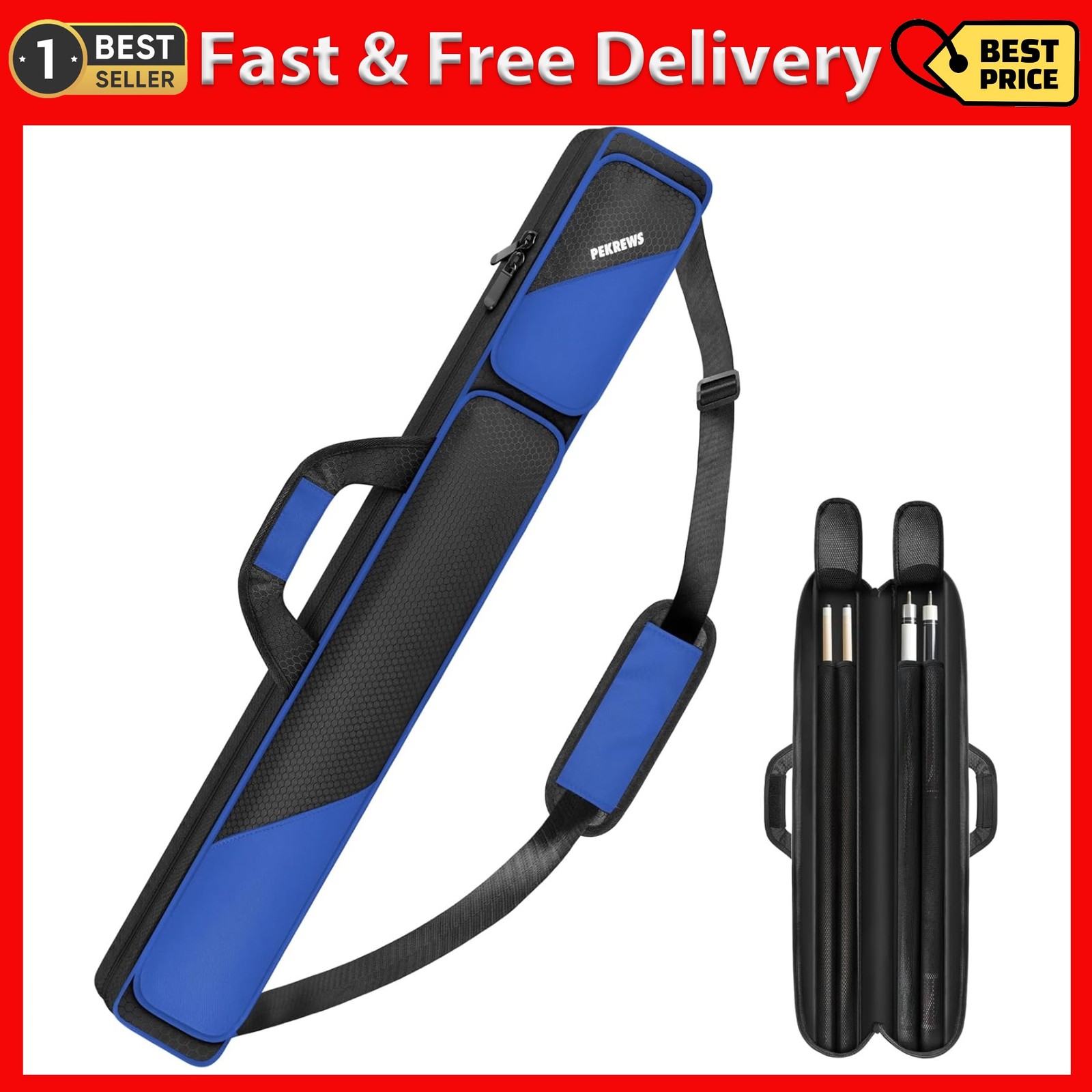 Black Pool Cue Case 2x2 Stick Multiple Pockets Holds 2 Sticks w Accessory Handle