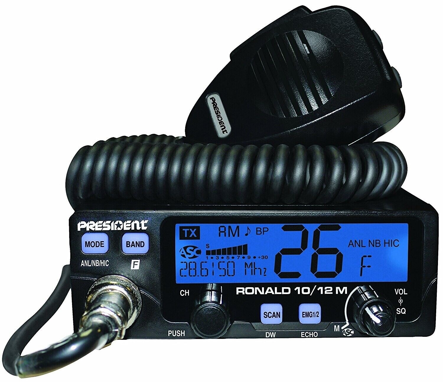 President Ronald 10 Meter Amateur Radio Transceiver AM/FM/PA 12v 7 Color LCD
