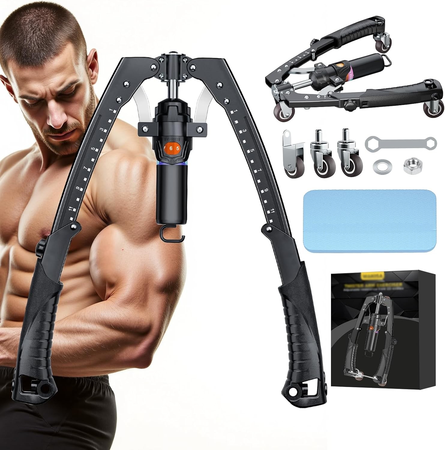 3-in-1 Hydraulic Arm Trainer with Ab Roller, 22-440lbs Adjustable Strength