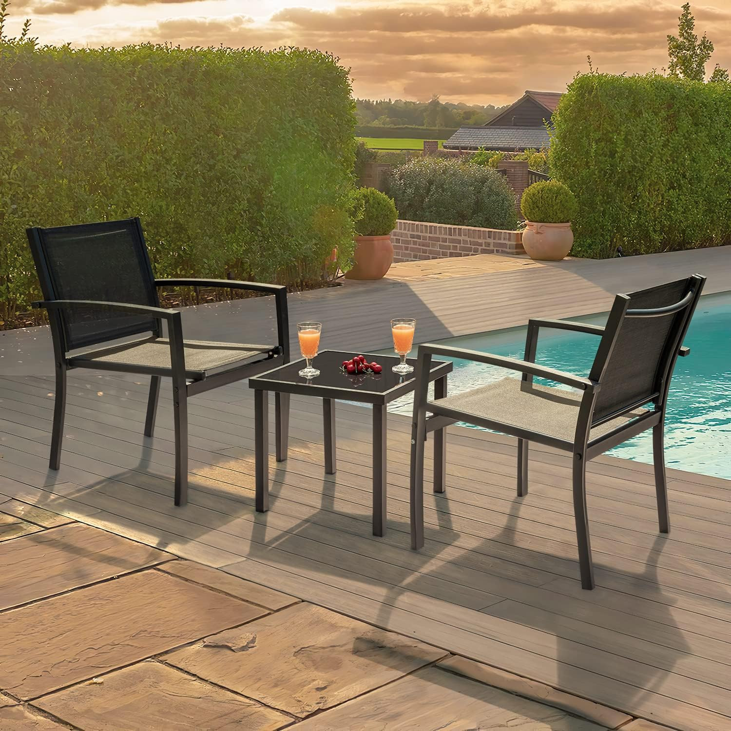 3 Pieces Patio Furniture Outdoor Bistro Set Textilene Fabric Chairs for Lawn, Ga