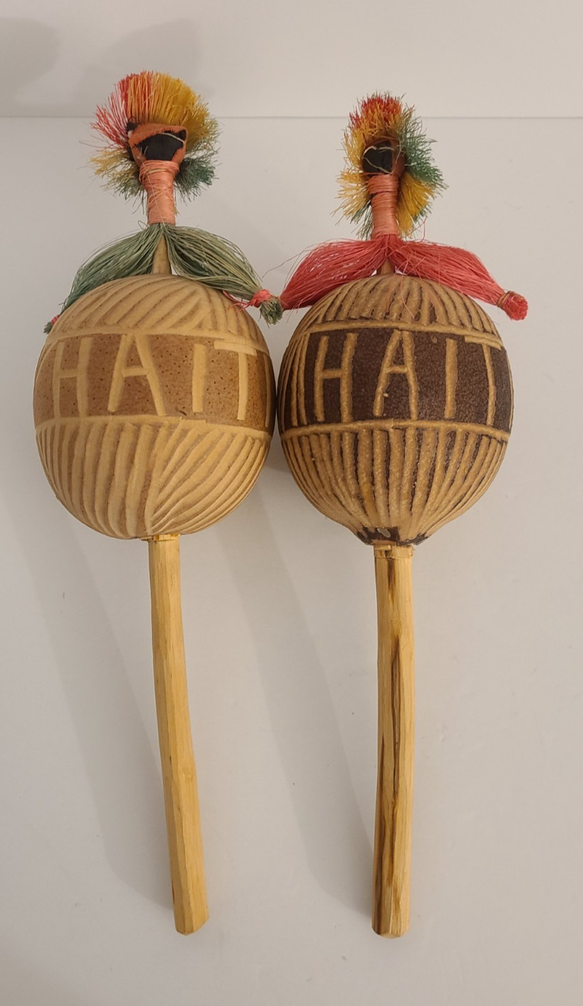 VTG Pair of Haiti Handcarved Maracas Rattles Shakers Wooden Handle Gourd Sticks