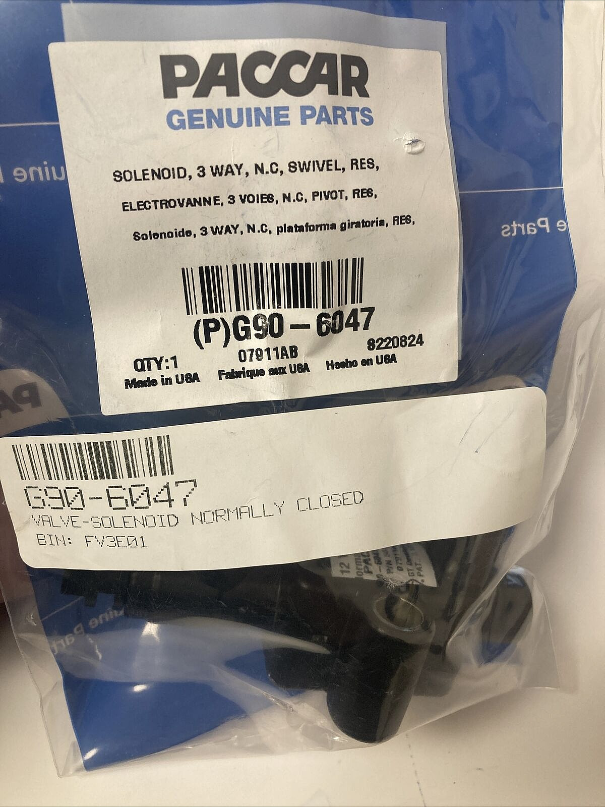 NEW GENUINE PACCAR NORMALLY CLOSED 3-WAY SOLENOID VALVE for FAN HUB  ~  G90-6047