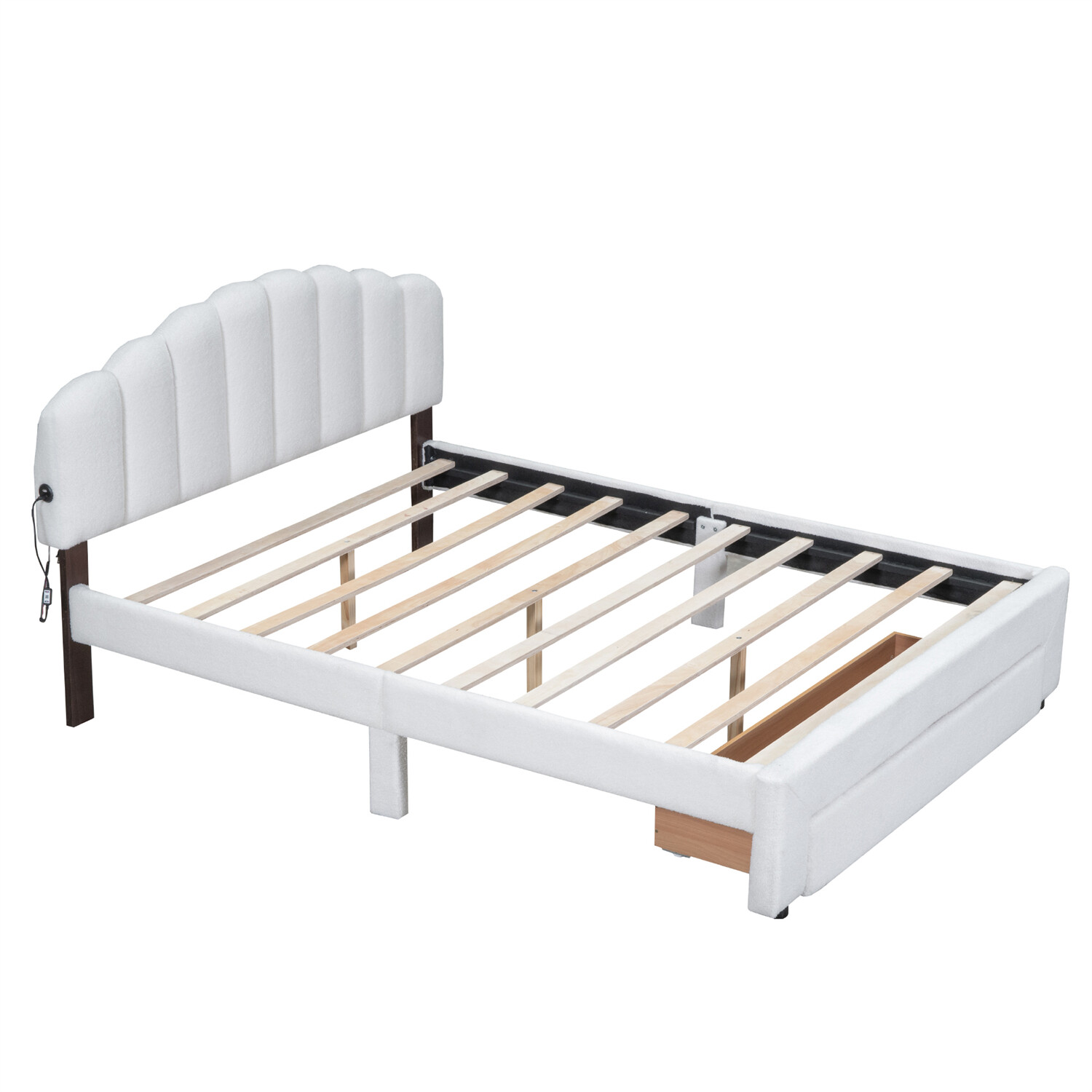 Queen Size Bed Frame Upholstered Platform Bed with Drawers White/Beige/Gray US
