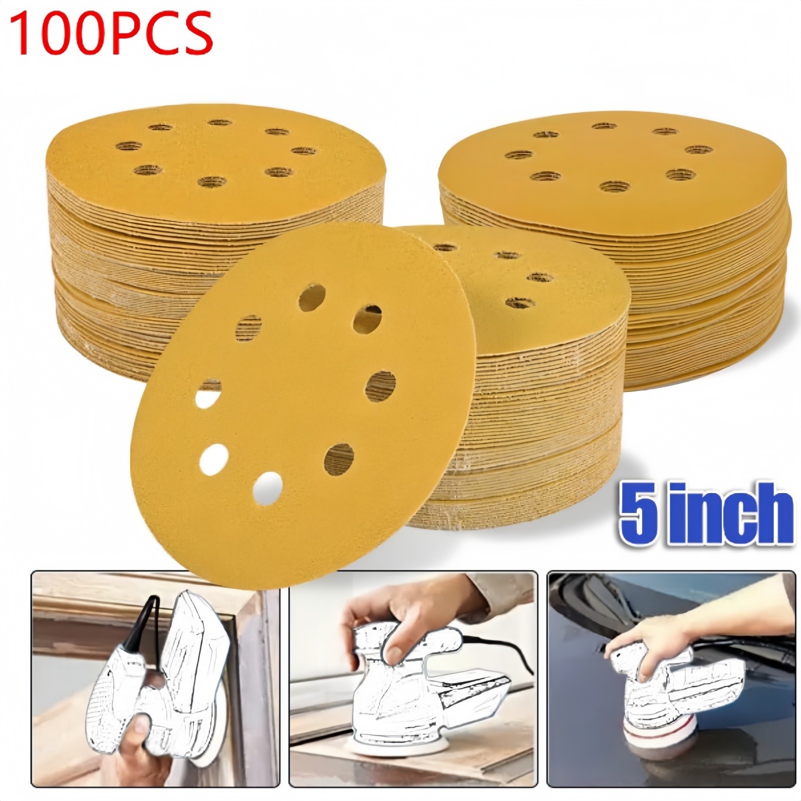 100 PCS 5-Inch 8-Hole Hook and Loop Sanding Discs 80-320Grit Grits Gold NEW