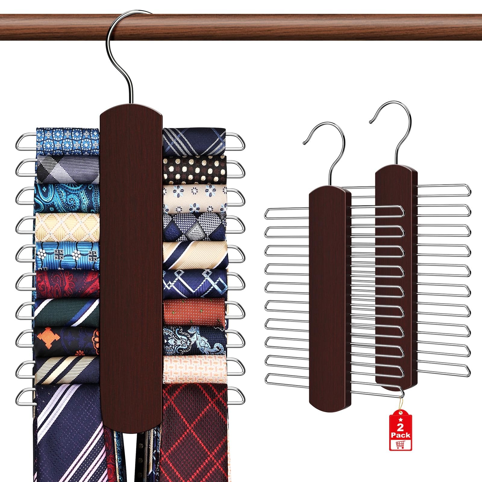 2 Pack Tie Rack for Closet, Premium Wooden Necktie 2 PACK, Red-2
