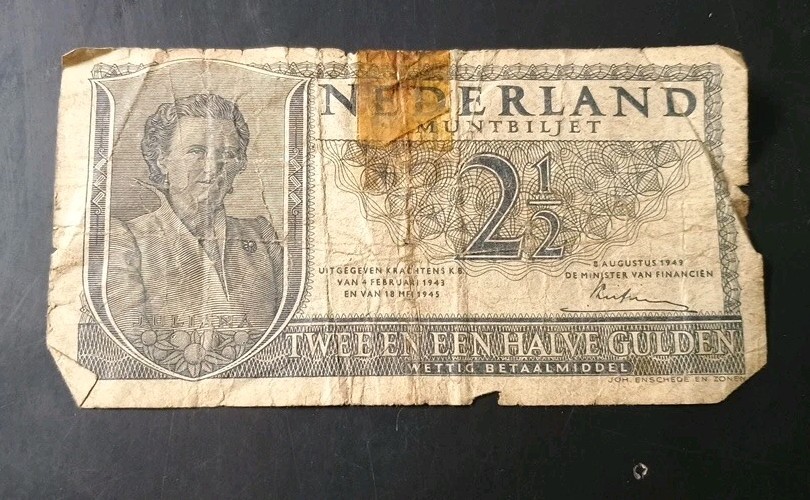 1949 NEDERLANDS QUEEN JULIANA 2 1/2 DUTCH GLUDEN BANK NOTE
