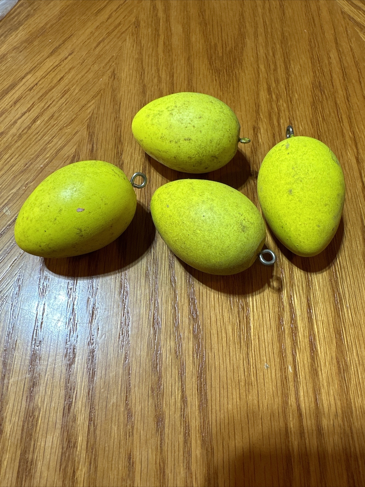 4 Vintage Pear Shaped Yellow Wooden Crabbing Net Or Fishing Bobbers NOS 2” Long