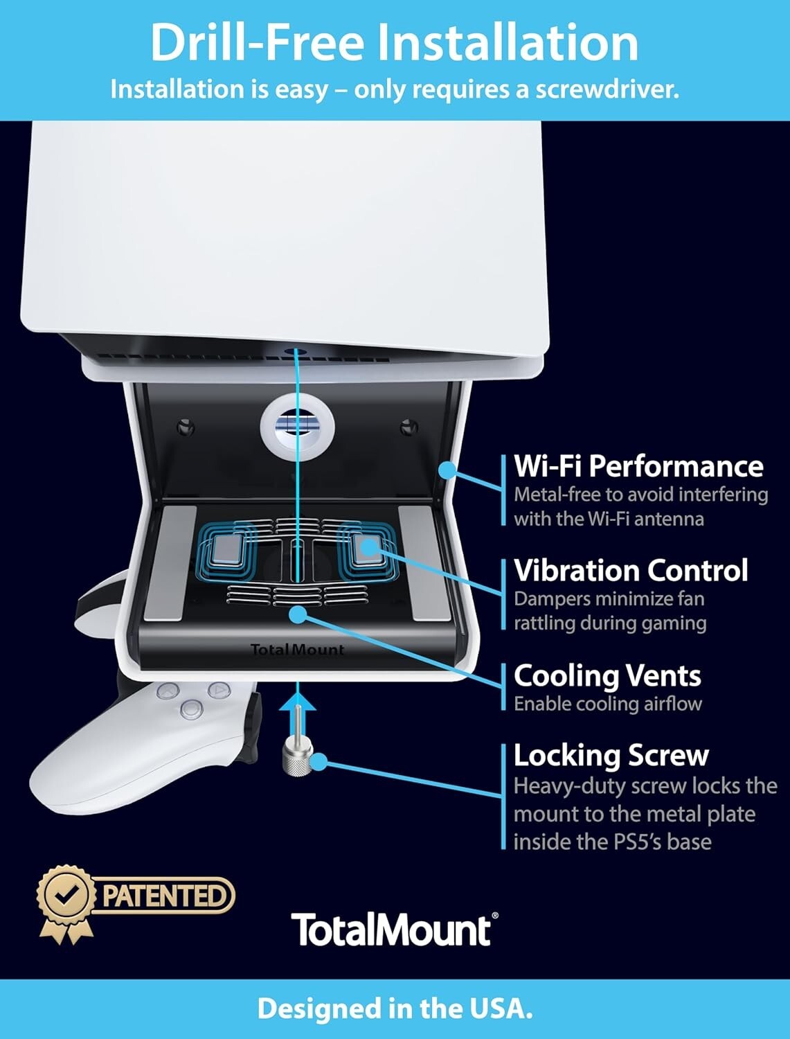 PS5 Universal Wall Mount with Controller Storage - Easy Drill-Free Installation