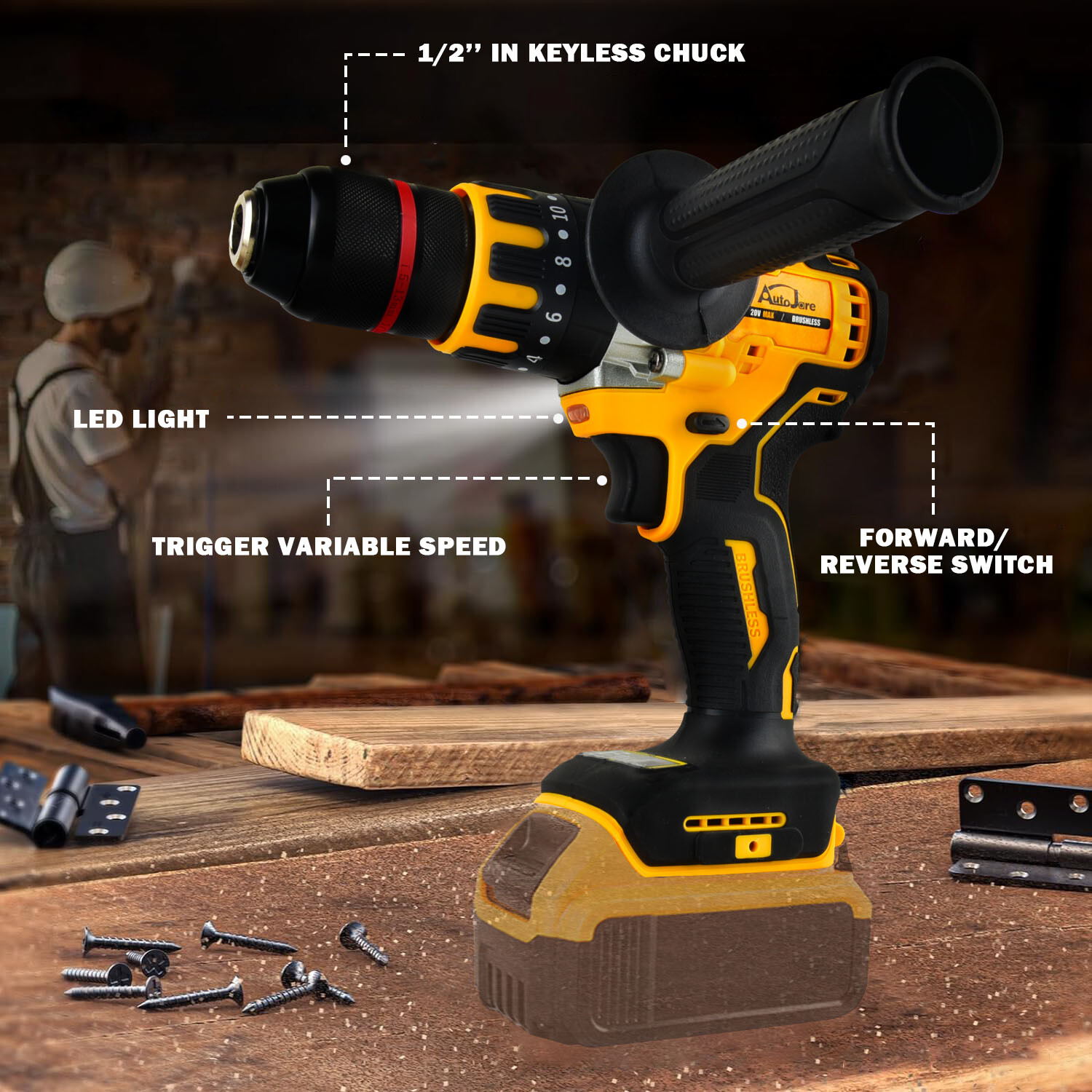 Cordless Drill Driver for Dewalt 20V Battery, Brushless 1/2" Compact Drill Tool