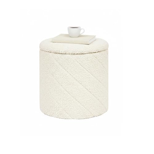 Ottoman with Stroage, Boucle Round Storage 12.99x12.99x13.78 inches White