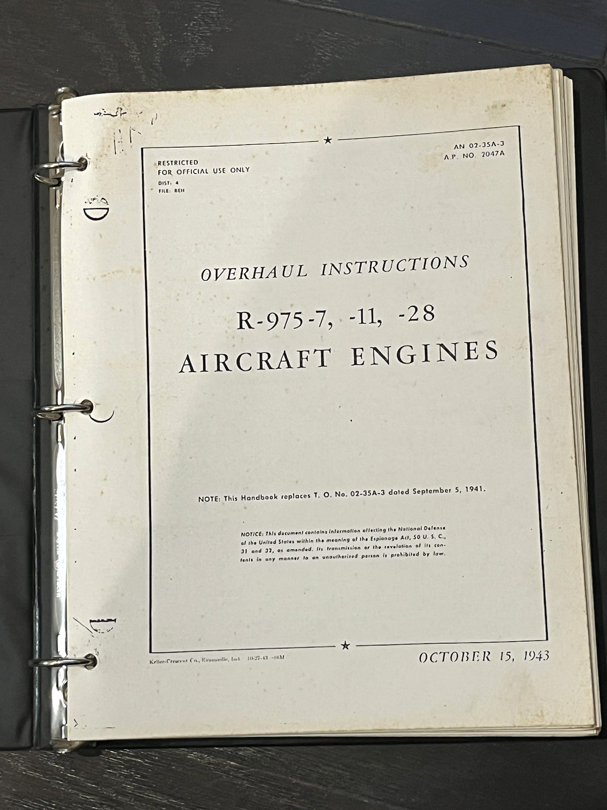 Wright Whirlwind R-975-7, -11, -28 Aircraft Engines Overhaul Instructions Copy