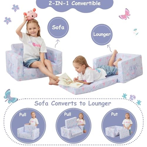 Toddler Chair 2-in-1 Kids Couch Bed Fold Out Convertible Kids Purple Butterfly