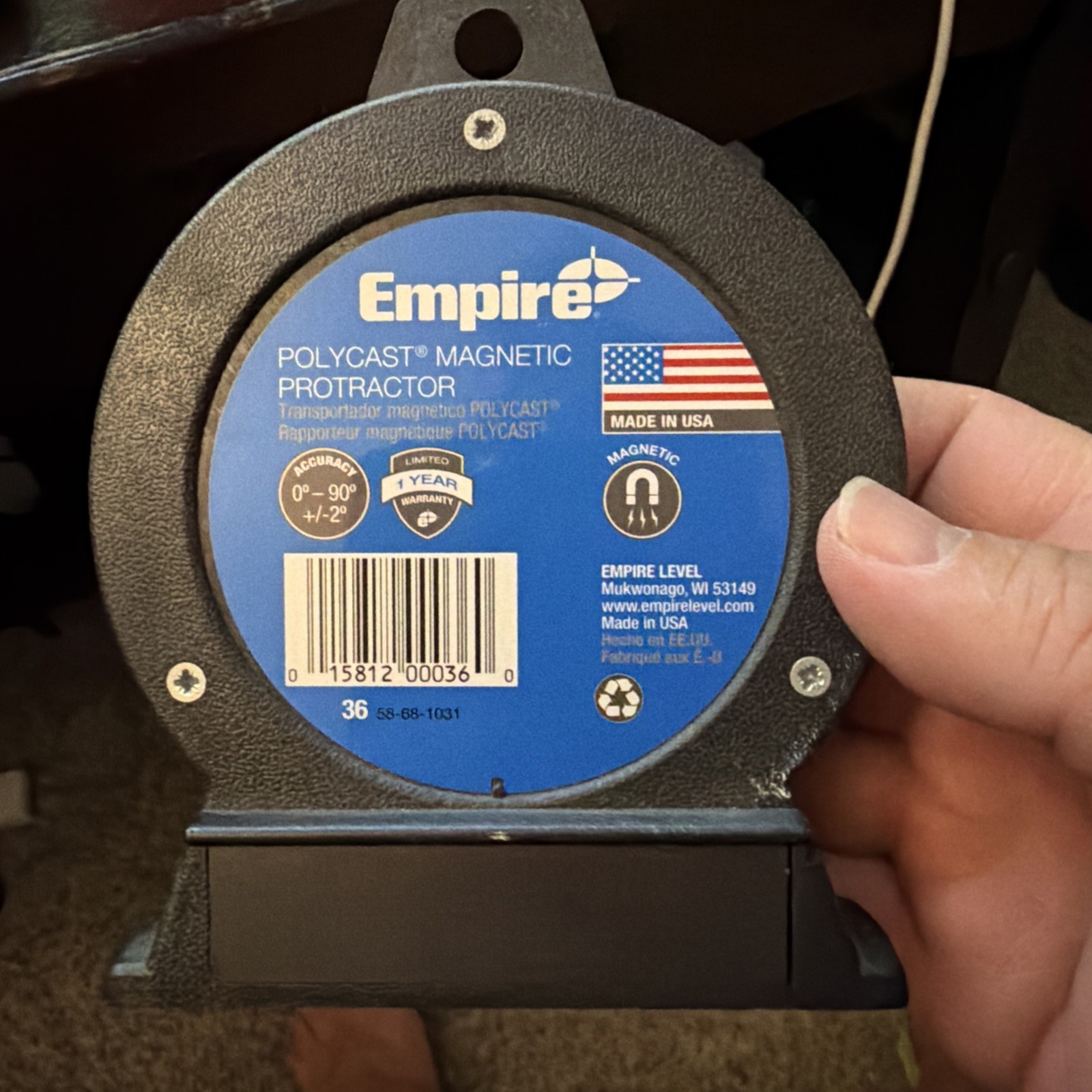 Empire 36 Magnetic Base Polycast Protractor – 360° Dial, Adjustable Pointer